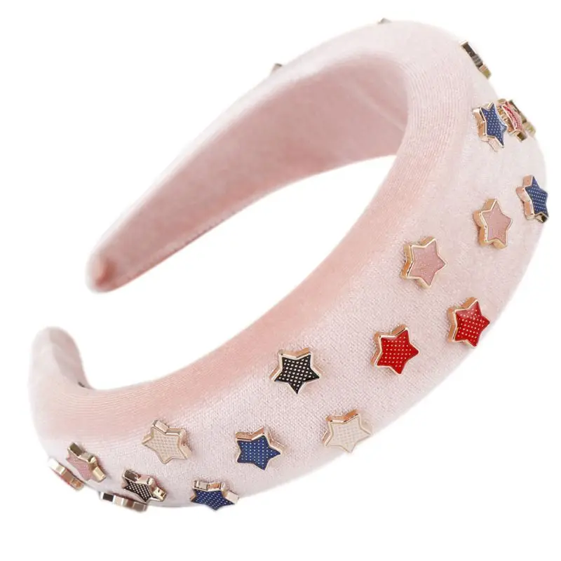 

Women Retro Thick Sponge Padded Headband Metal Star Embellished Wide Hair Hoop Velvet Wrapped Styling Headwear