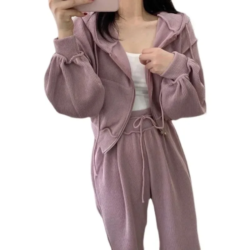 

MRWILK Chic Korea Autumn Candy Blue Hooded Hoodies Coat Short Casual Elastic High Waist Loose Sweatpants Fashion Sets Wild