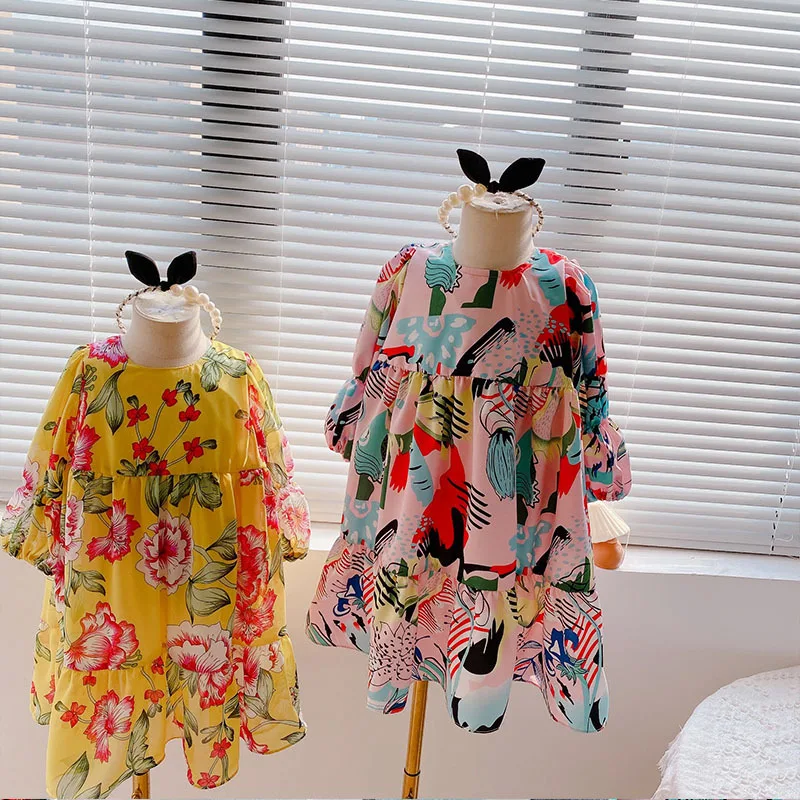 

2022 Spring Kids Dresses for Baby Girls Dresses Long Sleeve Floral Chiffon Children Clothing Dress Cotton Kids Clothes 4 6 8 Y