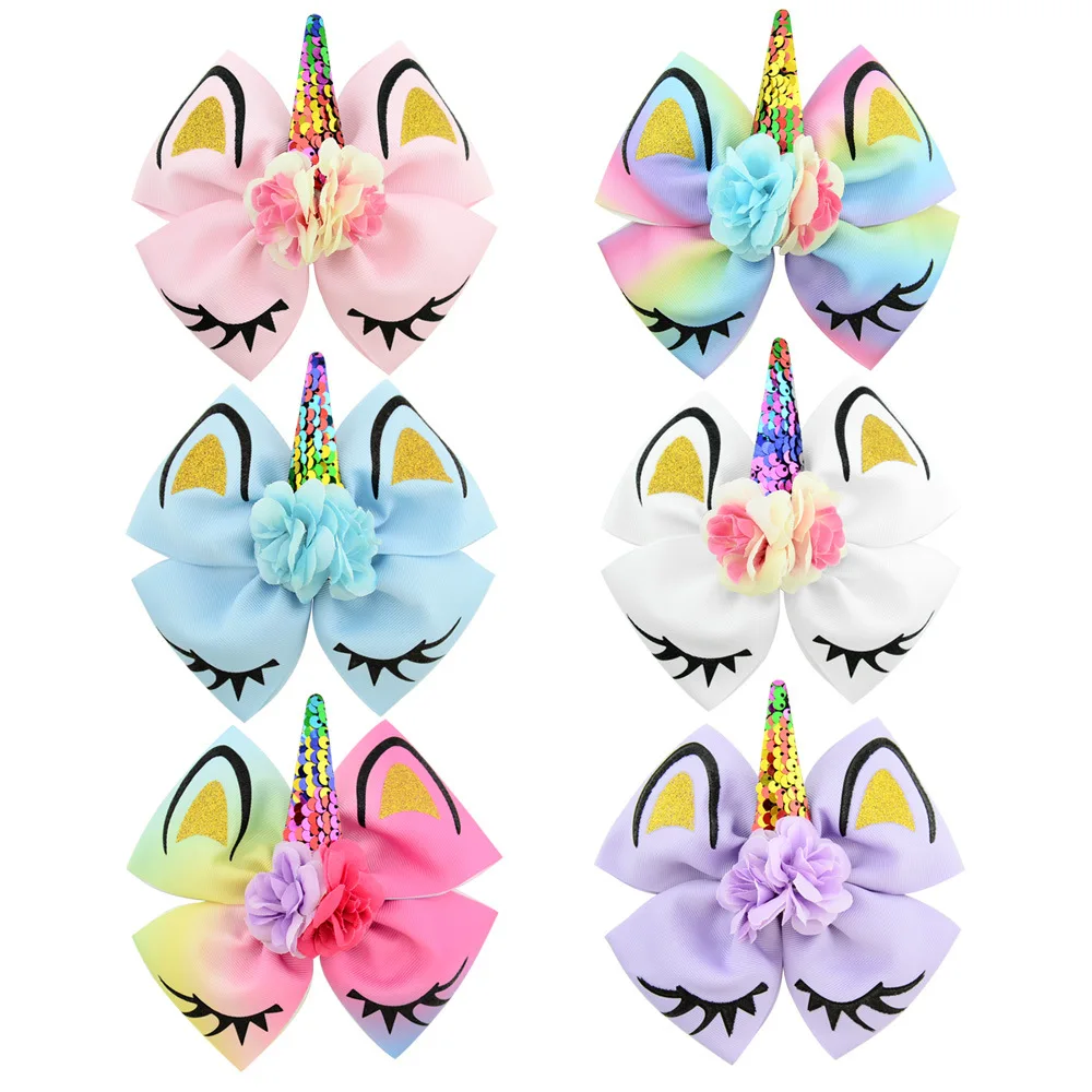 

1PCS High-quality Children's Sequins Bronzing Bow With Cute Ears Design Hairpin Ribbon Bow With Unicorn Horn Hair Accessory