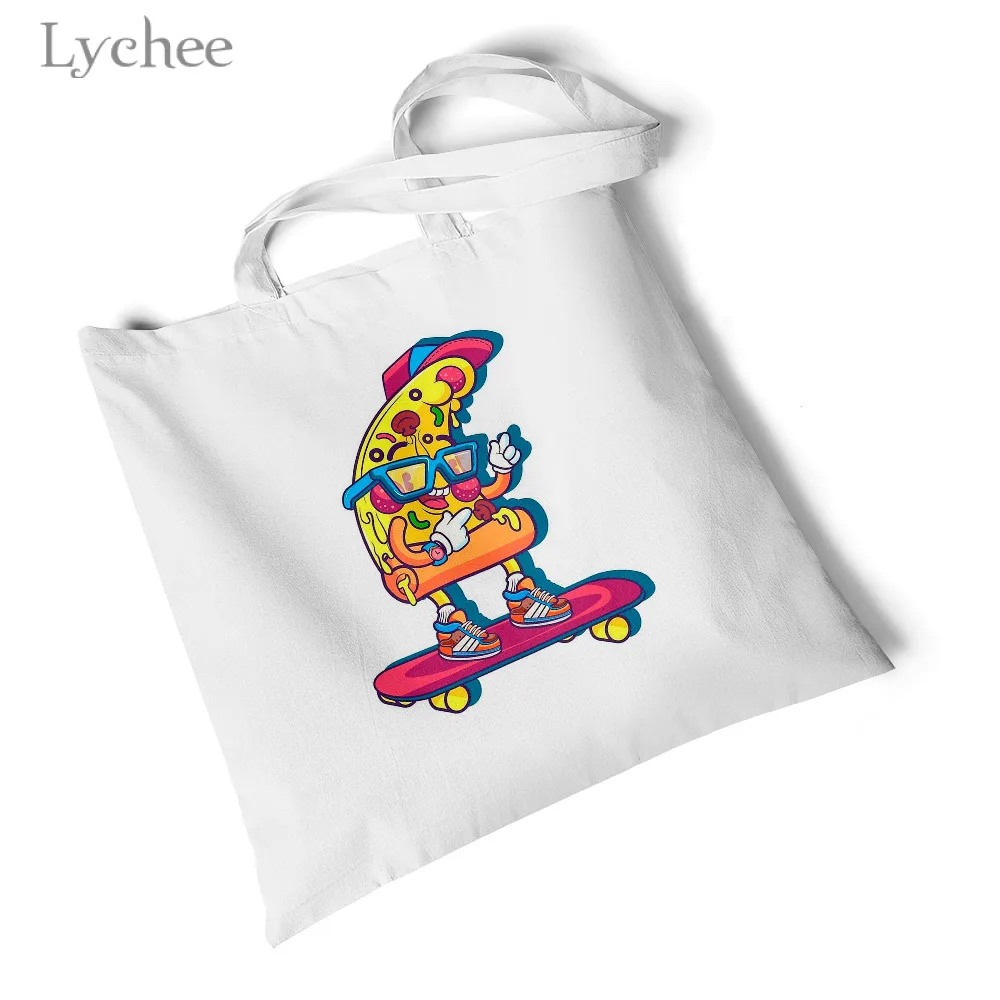 

Lychee Harajuku Fashion Pizza Pattern Women Canvas Bag Cartoon Print Shoulder Bag Shopper Bag Reusable Foldable Eco Handbag
