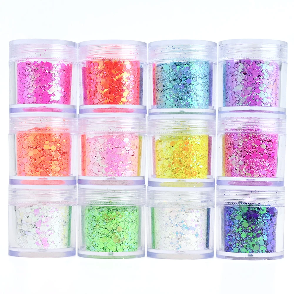 

12Jars (10g Jar) Chunky to Fine Opal Glitter 1mm-3mm Chunky White glitter Color- change Glitter, Cosmetic Glitter Nail Glitter