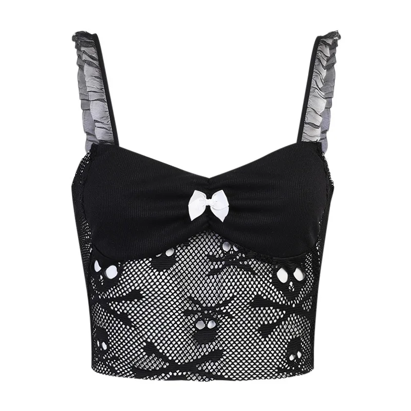 

y2k Sexy Lace Cami Women Crop Top Female 2021 Summer Mall Goth e girl y2k Clothes Streetwear Skeleton Lace See-through Tank Top