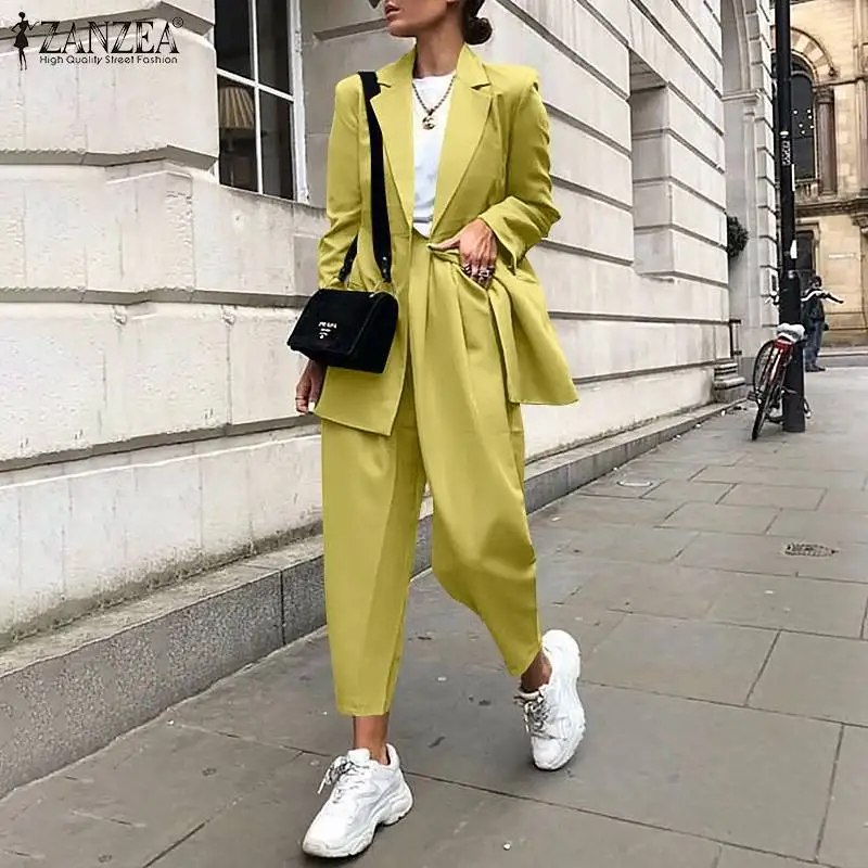 

Осень 2021, комплект из 2 предметов ZANZEA с длинным рукавом, модный Блейзер, костюмы, женское однотонное пальто и брюки, офисные женские брючные к...