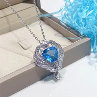 kofsac creative blue crystal zircon angel heart wing pendant jewelry 925 sterling silver necklaces for women wedding accessories