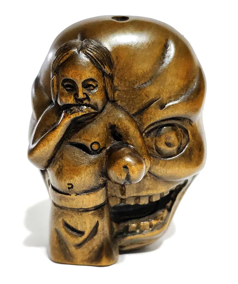 2 INCH Japanese Boxwood Hand Carved Netsuke Sculpture Miniature Man and Funny Mask - #ZY6365 | Figurines &amp Miniatures