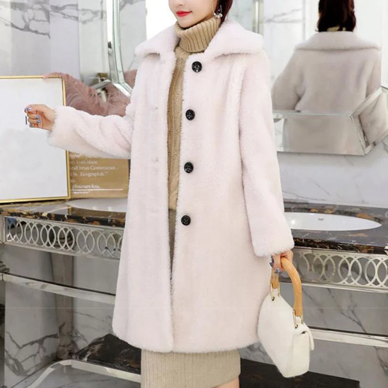 Женское пальто из овечьей шерсти средней длины зимние меховые куртки плотное