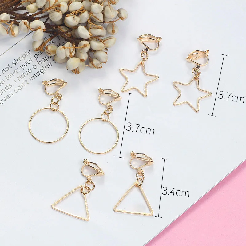 

Fashion Personality Hollow Geometric Star Round Triangle Gold Silver Color Clip Earrings For Women Girl No Ear Hole Jewelry Gift