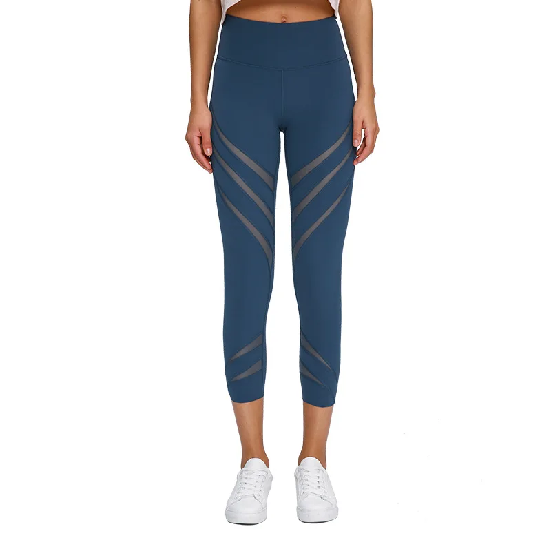 

New Striped Hollow Mesh Nude Yoga Pants Pure Color Stretch Slim Running Sports Cropped Pants