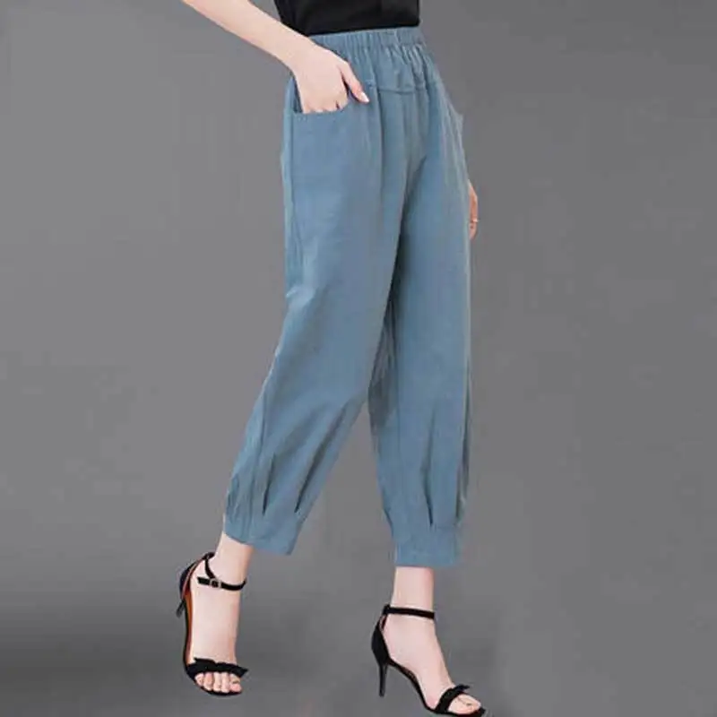 

Summer casual pants plus size middle-aged and elderly women's pants elastic waist harem pants Pockets HIGH black pants
