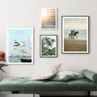 Пейзаж, холст, живопись, печать, настенное искусство, вид с моря, птица, лодка, парная лошадь, современный постер в скандинавском стиле, домашний декор, картина