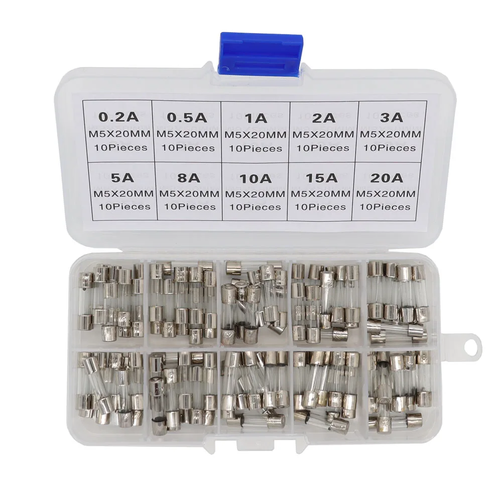 

100 PCS 5x20mm Quick Blow Glass Tube Fuse Assorted Kits Fast-blow Glass Fuses 0.2A~20A