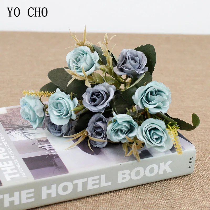 YO CHO 10 Heads Mini Artificial Roses Flowers Bouquet Imitation Fresh Flores Christmas Wedding Party Home Decorative Fake Floral | Свадьбы и
