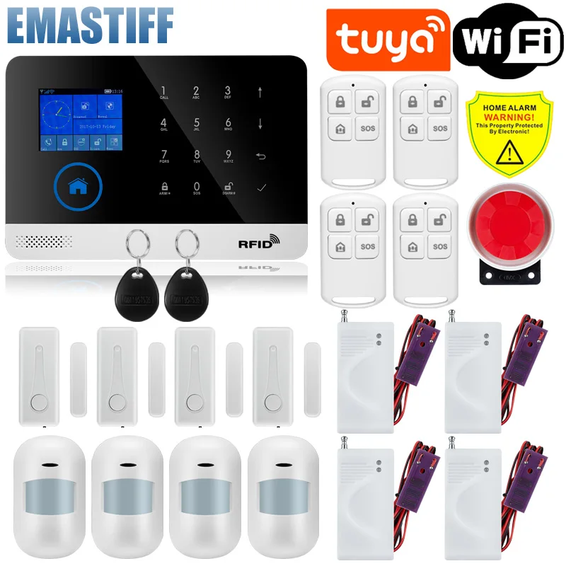 Wireless Tuya APP SIM GSM Home Burglar Security LCD Touch Keyboard WIFI GSM Alarm System Sensor kit Russian,Spanish Voice