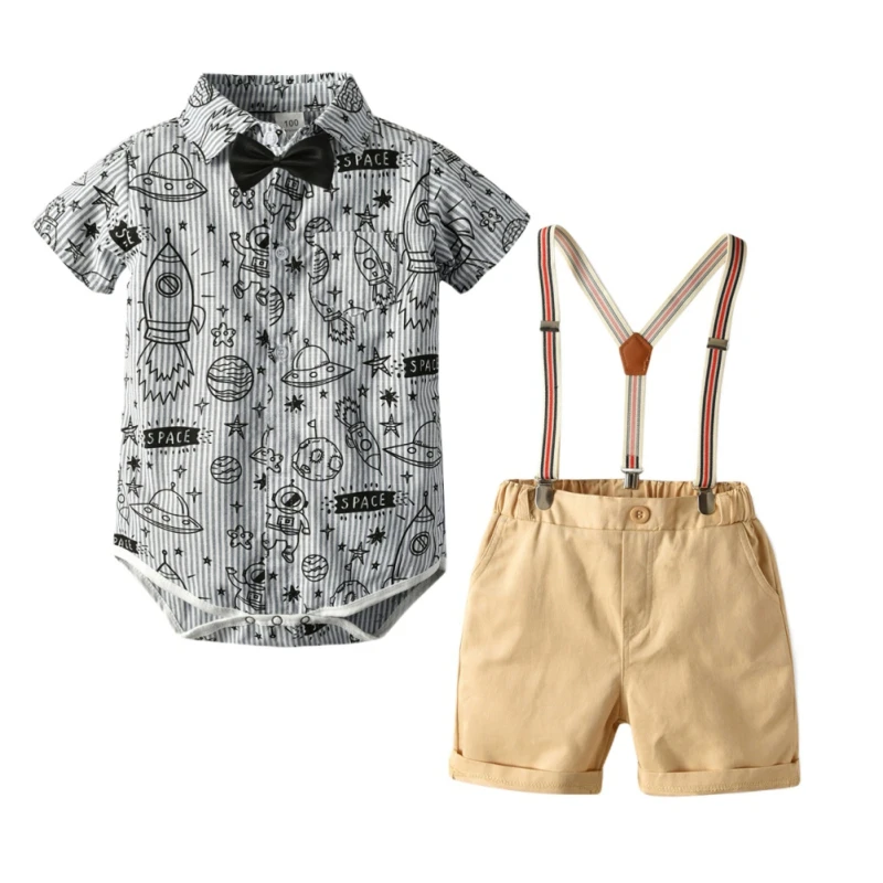 

Baby Boy Gentleman's Romper With Lapel Collar + Sling Pants Set Summer Sets Europe And America Style 2021