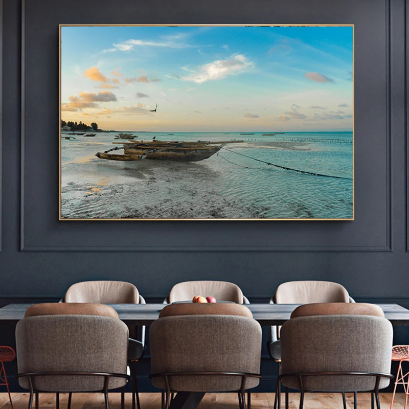 

Natural Sea Beach Boat Landscape Posters and Prints Canvas Painting Panorama Scandinavian Wall Art Picture for Living Room