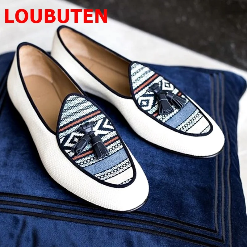 

LOUBUTEN Classic Fashion Embroidery Loafers Men Summer Casual Shoes Handmade Tassel Dress Shoes Party Shoes