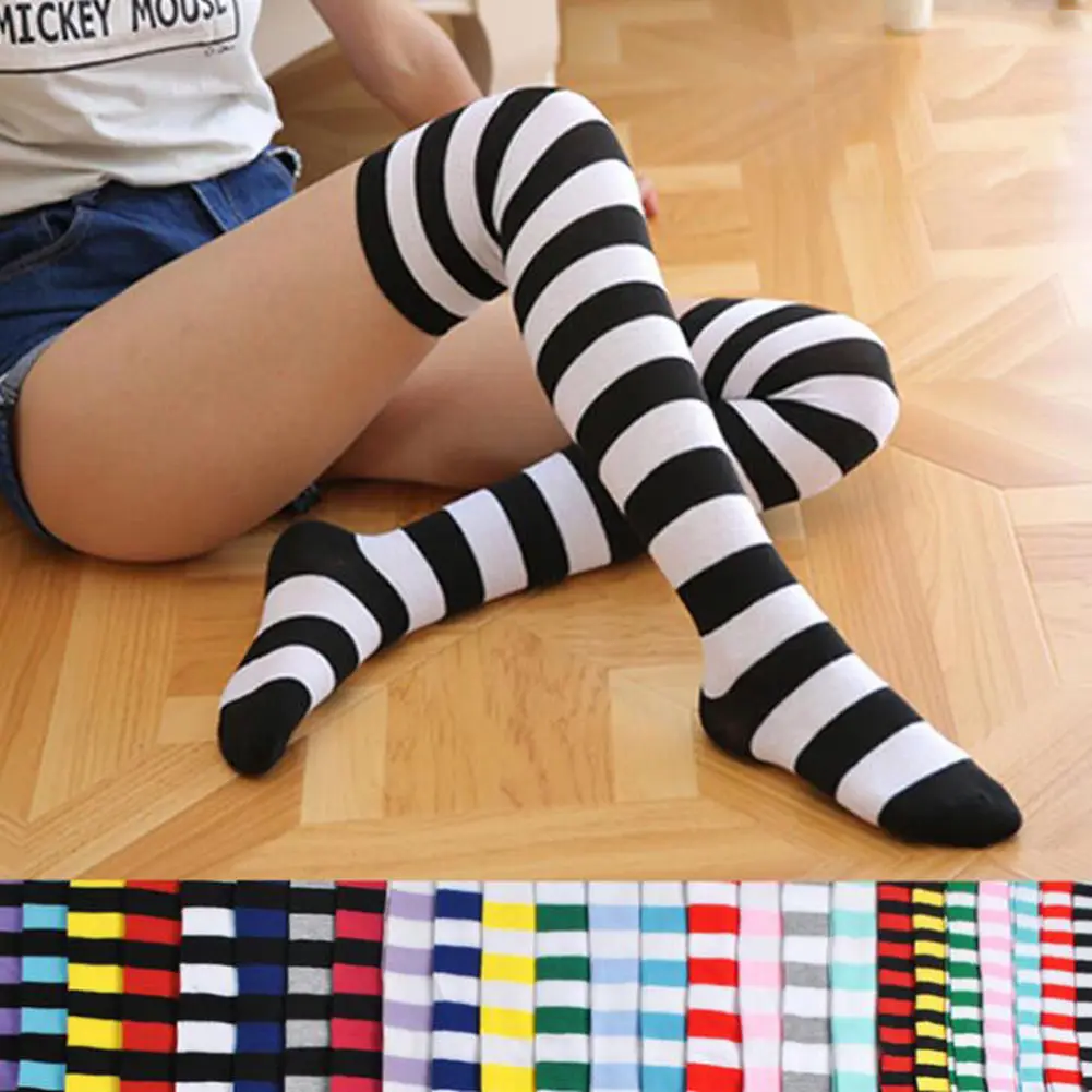 Women Girls Over Knee Long Stripe Printed Thigh High Striped Cotton Socks Multicolor Sweet Cute Plus Size Overknee Socks