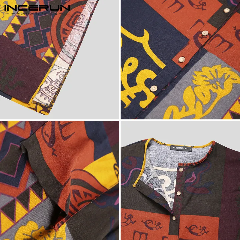 

Loose Buttons Islamic Robes INCERUN Long Sleeve Printed Jubba Thobe Vintage Muslim Kaftan Robe Pockets Arabic Dubai Clothing 5XL