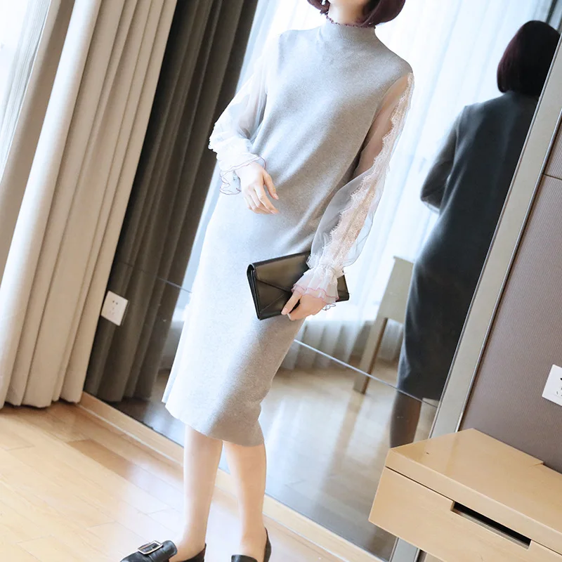 

2019 autumn and winter new Women Korean long-sleeved knit dress and long sections sweater fashion stitching