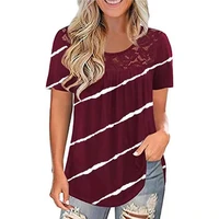 summer short sleeve women t shirt striped lace stitching hollow out female casual tees ladies basic tops plus size fashion
