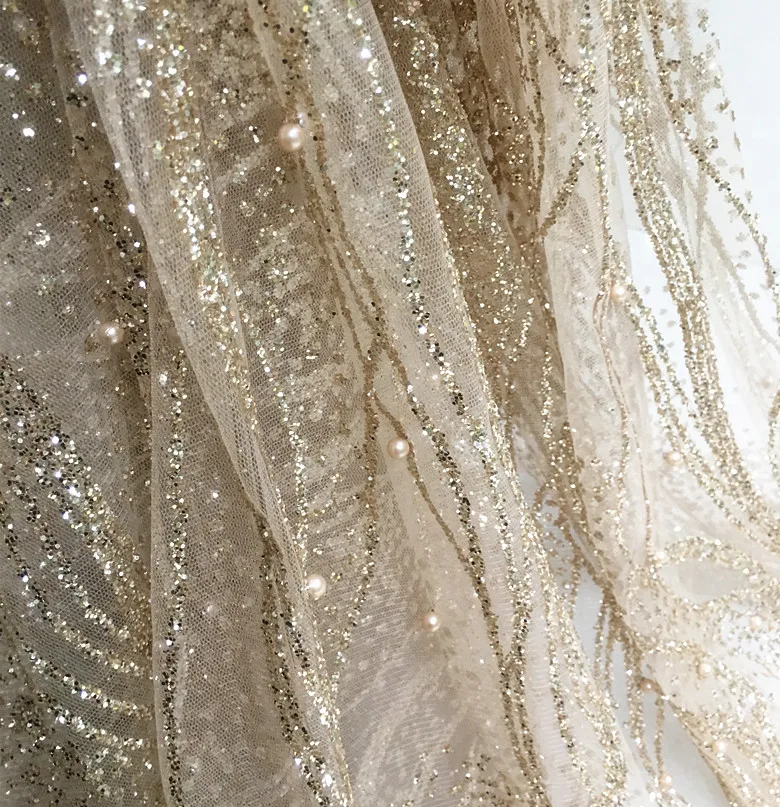 Tela de lentejuelas con purpurina plateada/dorada, 90x130cm, cuentas de perlas Por Metros, tela de encaje de diseñador de malla para vestido de boda DIY