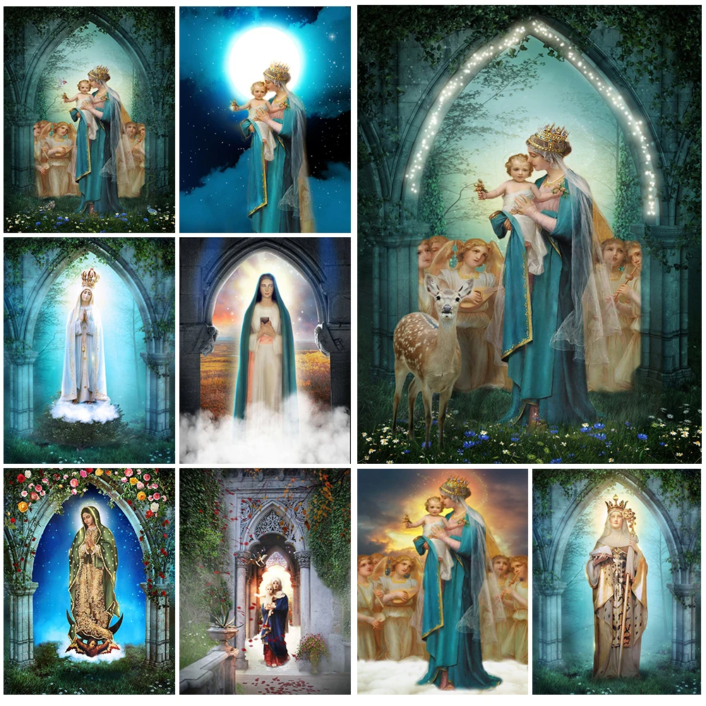 

Virgin Mary with Baby Stone Gate in the Garden Nordic Poster Wall Art Canvas Painting Wall Pictures For Living Room Unframed