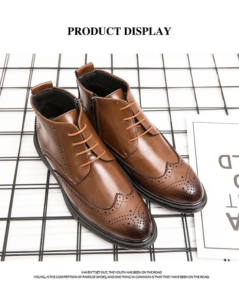 BIMUDUIYU Autumn New Men Leather Ankle Oxford Boots British Style Male Casual Lace Up Derby Shoes Fashion High Top Brogue Shoes