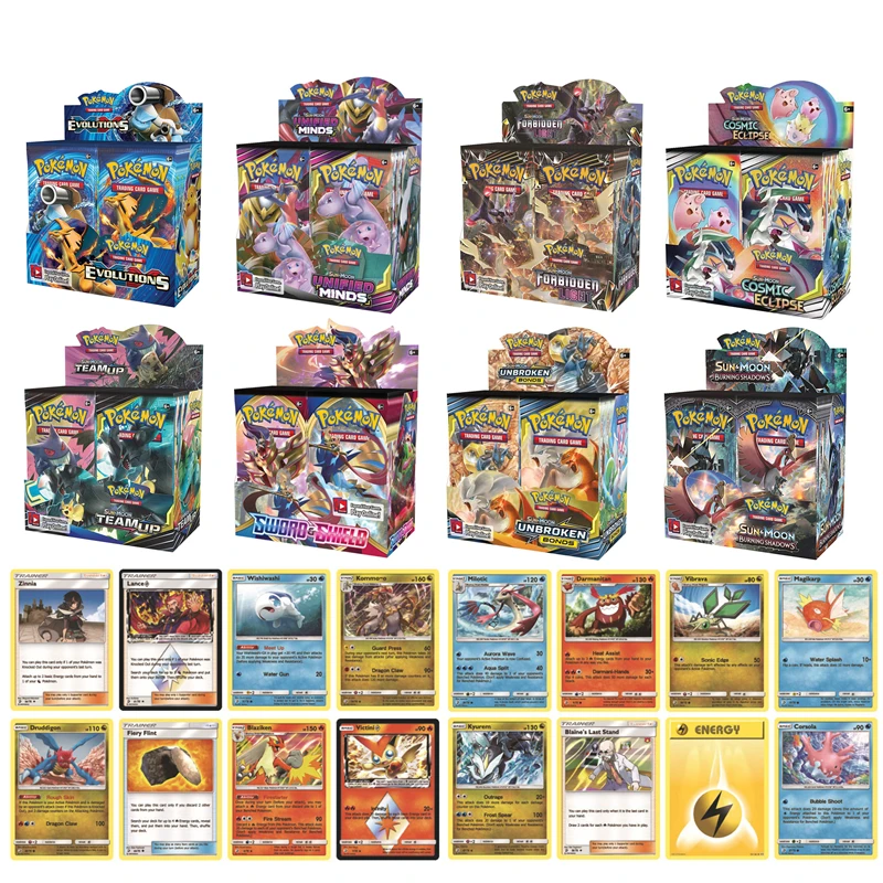 

324pcs Pokemones cards Evolutions Booster Box Sun & Moon GX Team Up Unbroken Bond Unified Minds Collectible Trading Cards Game