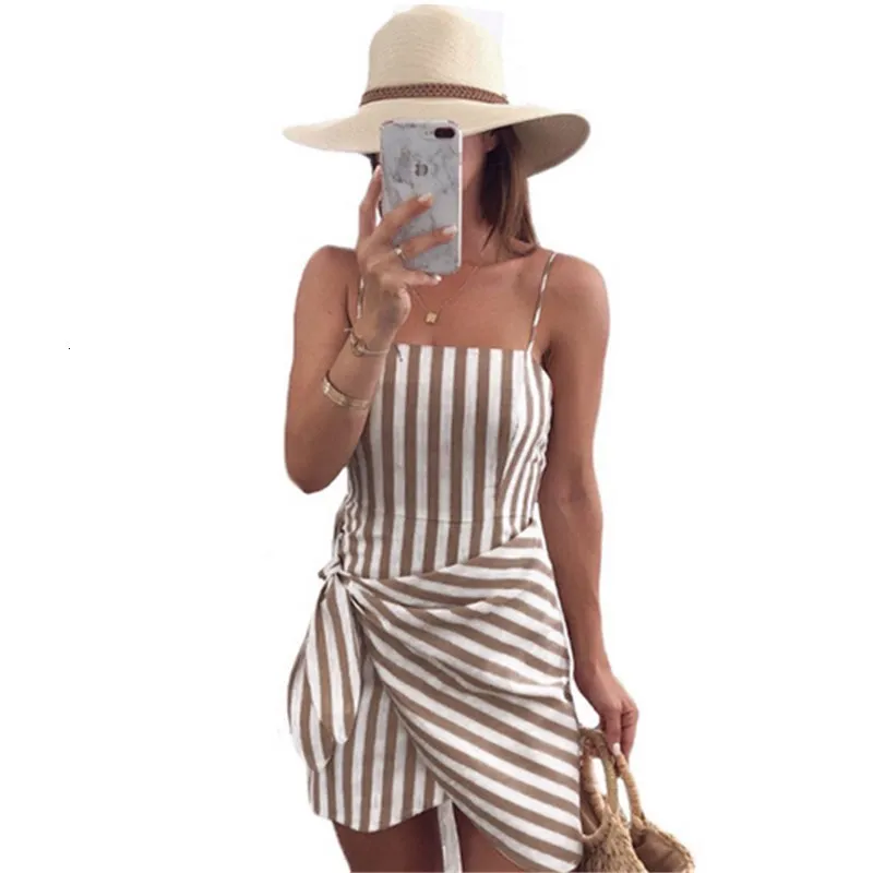 Striped Women Dresses Summer Bandage Bodycon Mini Dress Spaghetti Strap Strappy Backless Holiday Irregular Vestidos | Женская одежда