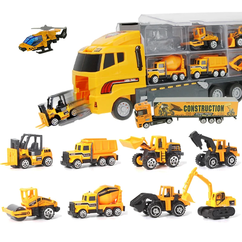 12pcs/set Mini Diecast Alloy Car 2in1 Model Engineering Toy Vehicles Carrier Truck with Ejection &amp Carry Function Xmas Gift | Игрушки и