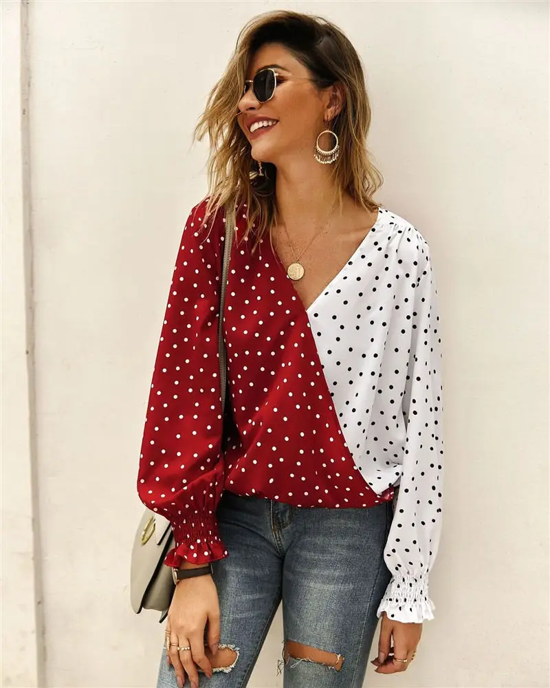 Женская сексуальная однотонная Лоскутная футболка в горошек с v-образным вырезом