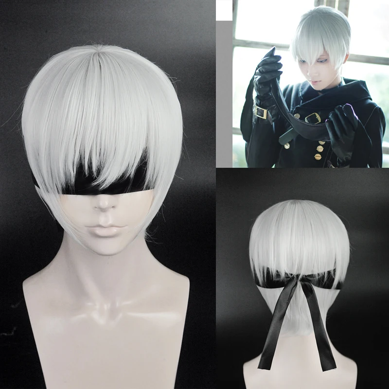 NieR:Automata 9S YoRHa No.9 Model S Wistalia короткий серебристо-серый термостойкий парик для косплея, нашивка на глаза, парик с шапочкой