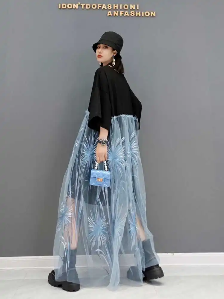 

SHENGPALAE contrast color spliced mesh dress women's summer 2021 new round neck large size short sleeve mid-calf dresses 5E1476