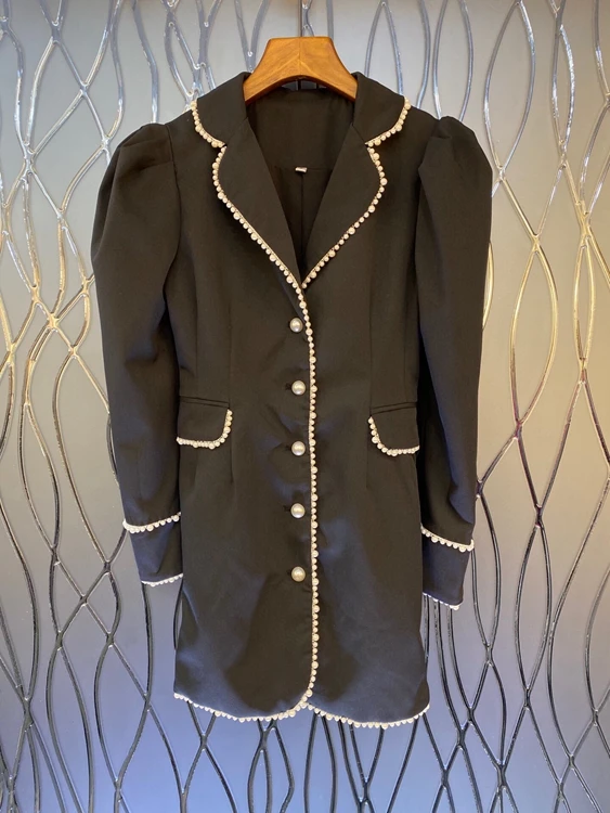 

2021 new women fashion lapel heavy work nail diamond trim stitching symmetrical pocket long-sleeved suit dress 1030