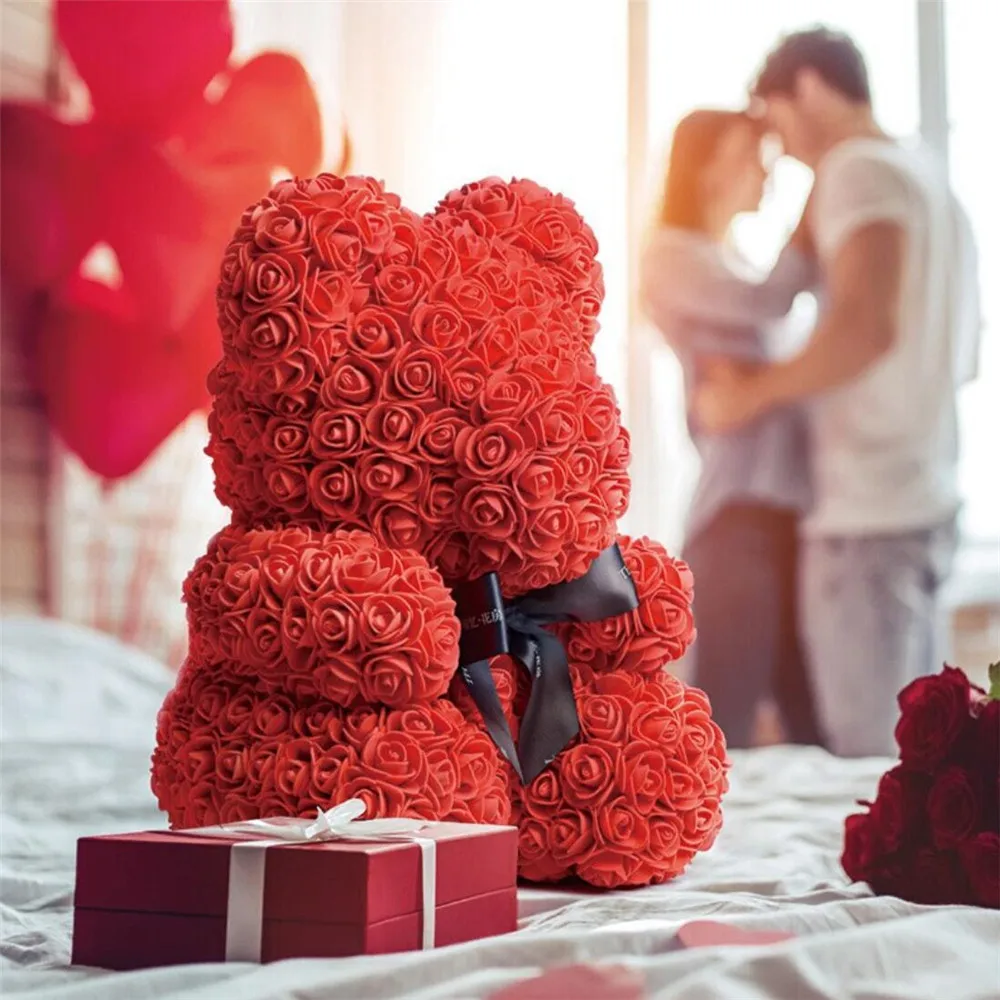 Peluche rom&aacute;ntico personalizado para el D&iacute;a de San Valent&iacute;n, oso de peluche rosa de 35cm, regalo de cumplea&ntilde;os, Navidad, boda, flores artificiales, 2021-0
