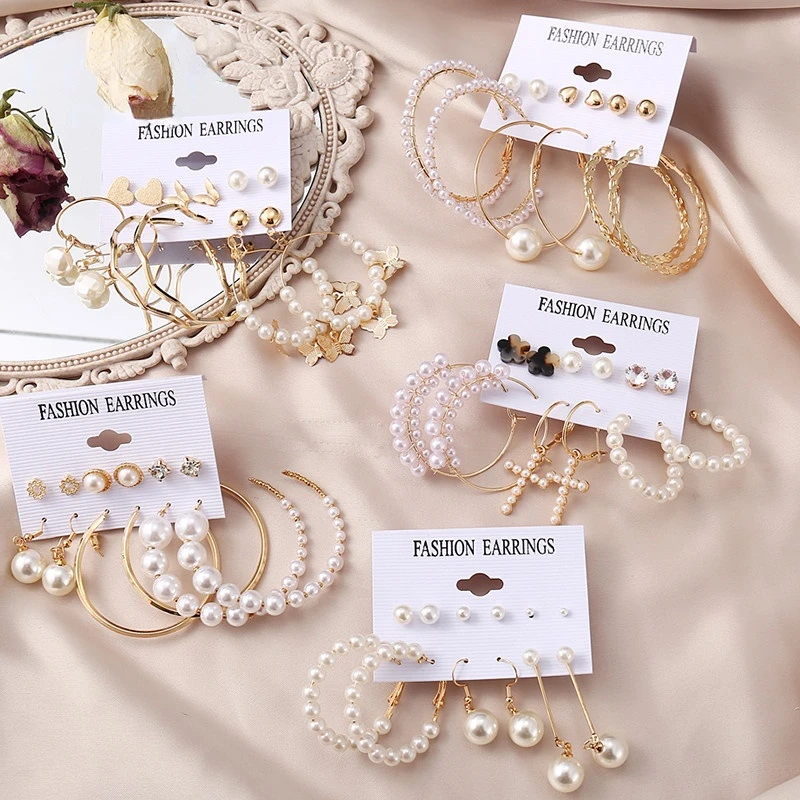 

Vintage Pearl Earrings For Women Big Gold Cross Set of Earrings Long Tassel Butterfly Dangle Drop Earrings 2022 Jewelry