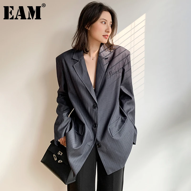 

[EAM] женский серый винтажный блейзер в полоску большого размера, новая свободная куртка с длинным рукавом, модная демисезонная 2022 1DD5535