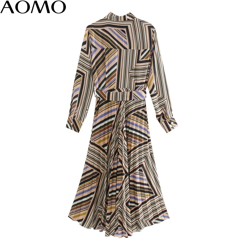 

AOMO fashion women striped shirt dress with belt long sleeve ladies elegant work midi dress vestidos tops XN461A