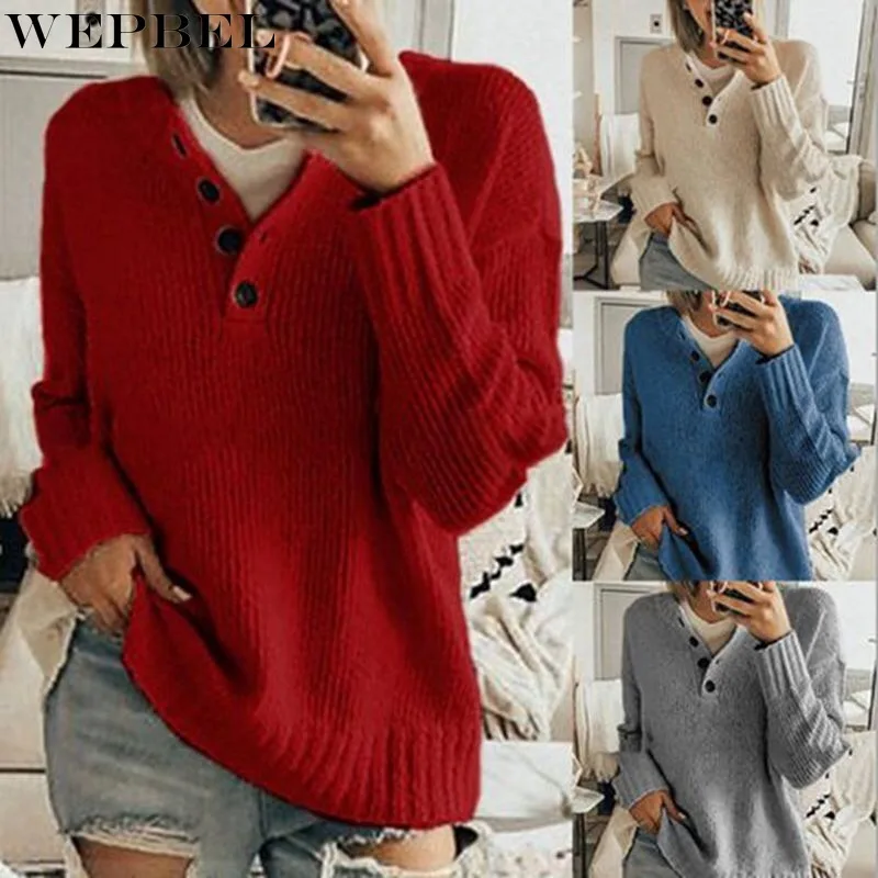 

WEPBEL Sweater Women's Casual Loose Solid Color Buttons Sweater Autumn Fashion Long Sleeve V-neck Pullover Knitted Sweater