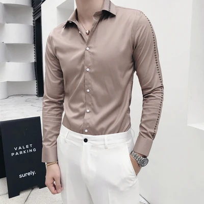 Мужская полосатая рубашка с длинным рукавом белая приталенная в Корейском стиле