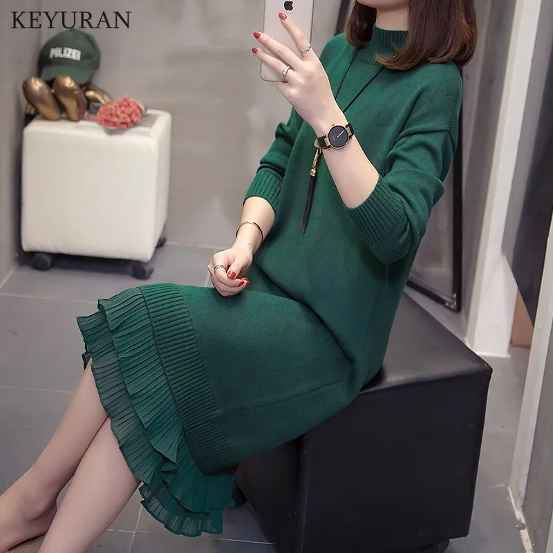 Plus Size Women Turtleneck Knitted Dress New Autumn Winter Loose Patchwork Long Sweater Dresses Female Solid Pullover Vestidos | Женская