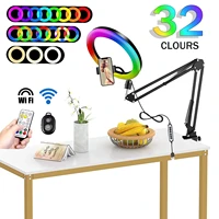 long arm tablet tripod phone holder stand photography lighting selfie ring light rgb color soft ring light circle lamp with desk
