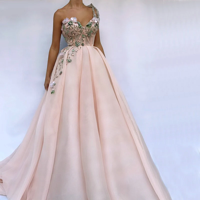 

Pink Evening Dresses 2019 One Shoulder Handmade 3D Flowers Party Long Formal Dress A-Line Tulle Prom Gown Robe De Soiree