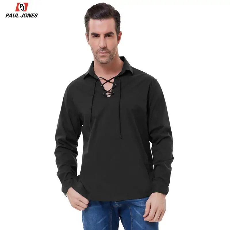 Мужские футболки с длинным рукавом в стиле пирата Ренессанса на шнуровке