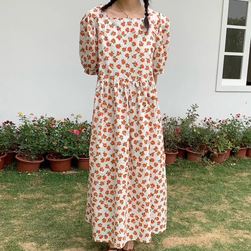 

Korejpaa Women Dress 2021 Korean Fashion Chic Summer Sweet Square Collar Floral Loose Casual Bubble Sleeve Long Dresses Female