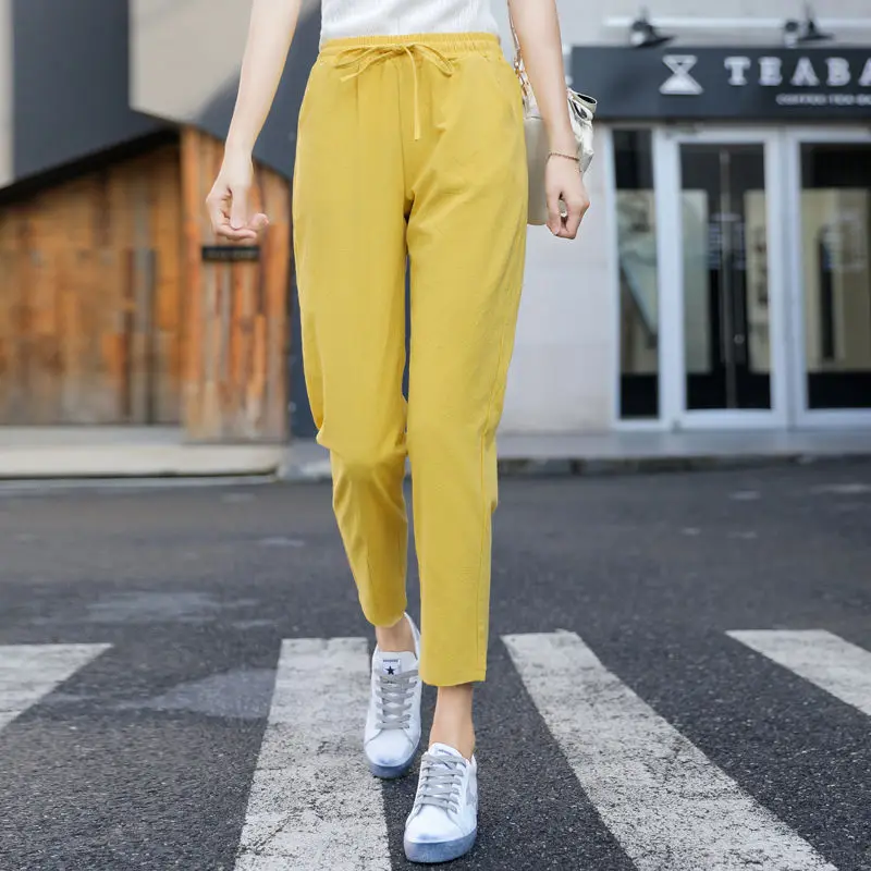 Брюки женские из хлопка и льна повседневные свободные однотонные штаны с высоким