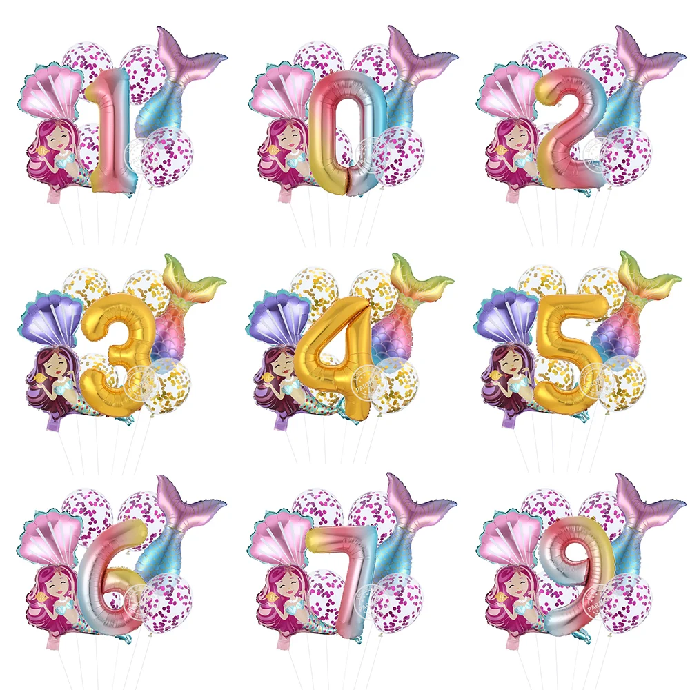 9pcs/lot Mermaid theme Birthday Party Decoration kids pink purple confetti Balloons 40inch Number Balloon For girl mermaid tail | Дом и сад