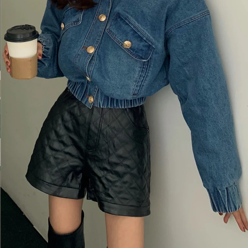 

FORYUNSHES Women PU Shorts High Waist Wide Leg Baggy Casual Short Trousers Korean Fashion 2021 Female Goth Bottoms