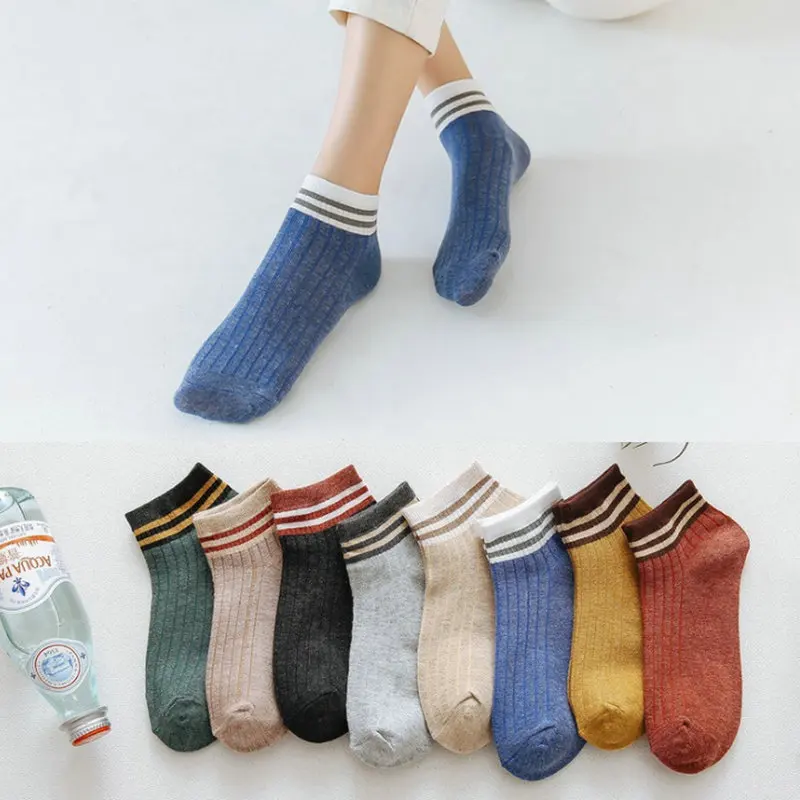 

2020 New Product Striped Japanese College Style Ladies Boat Socks Shallow Mouth Parallel Bar Short Socks Cotton Breathable
